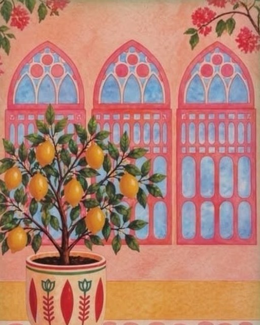 Illustration from the book: a lemon tree in front of three Lebanese arched windows