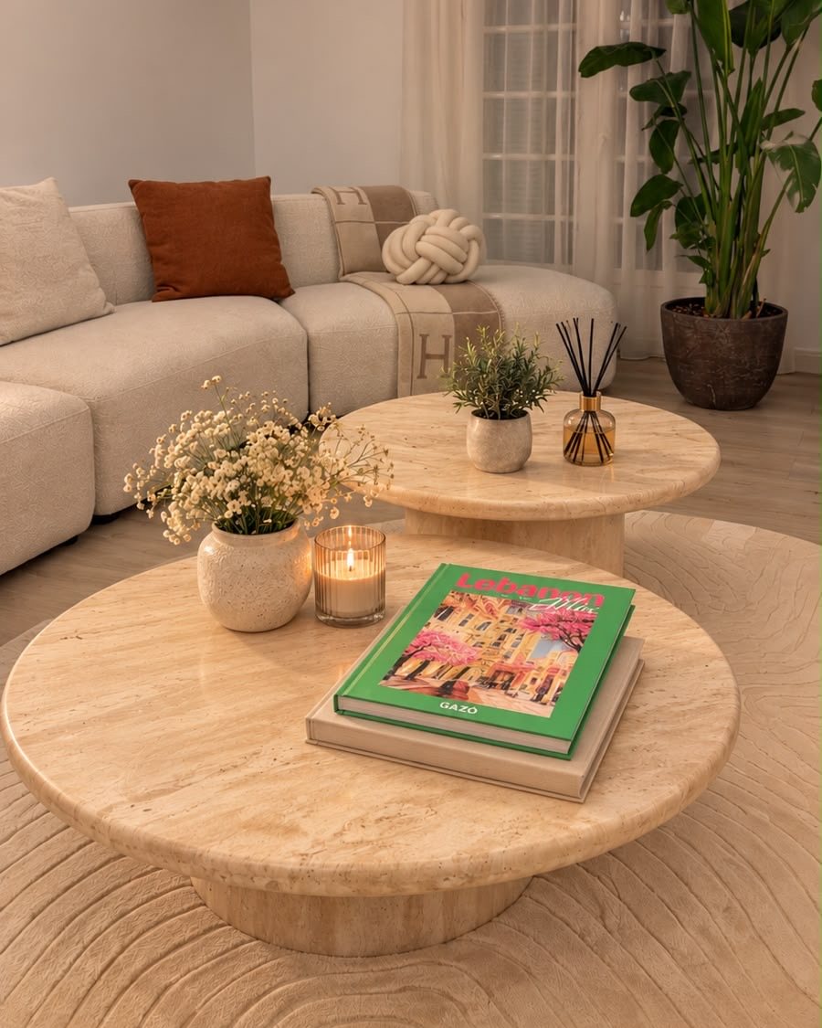 Lebanon Ahla on a travertine coffee table beside a candle and white flowers